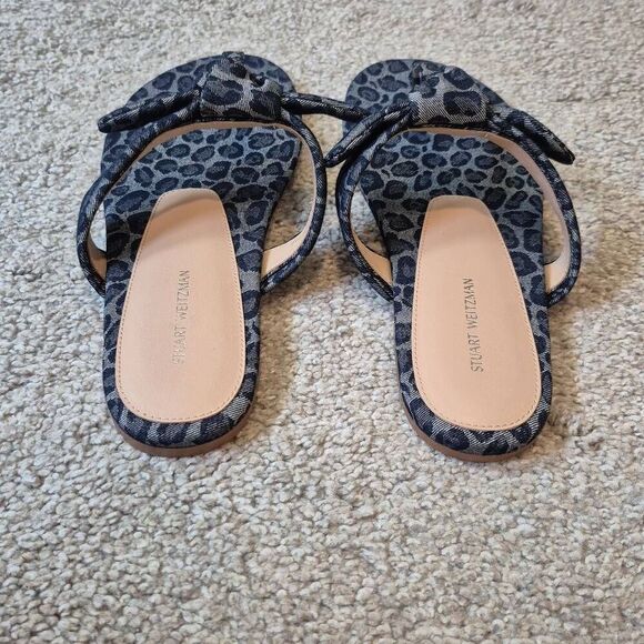 Stuart Weitzman Bandeau T-strap Slide in Leopard Printed Denim Size 9 - Picture 5 of 7